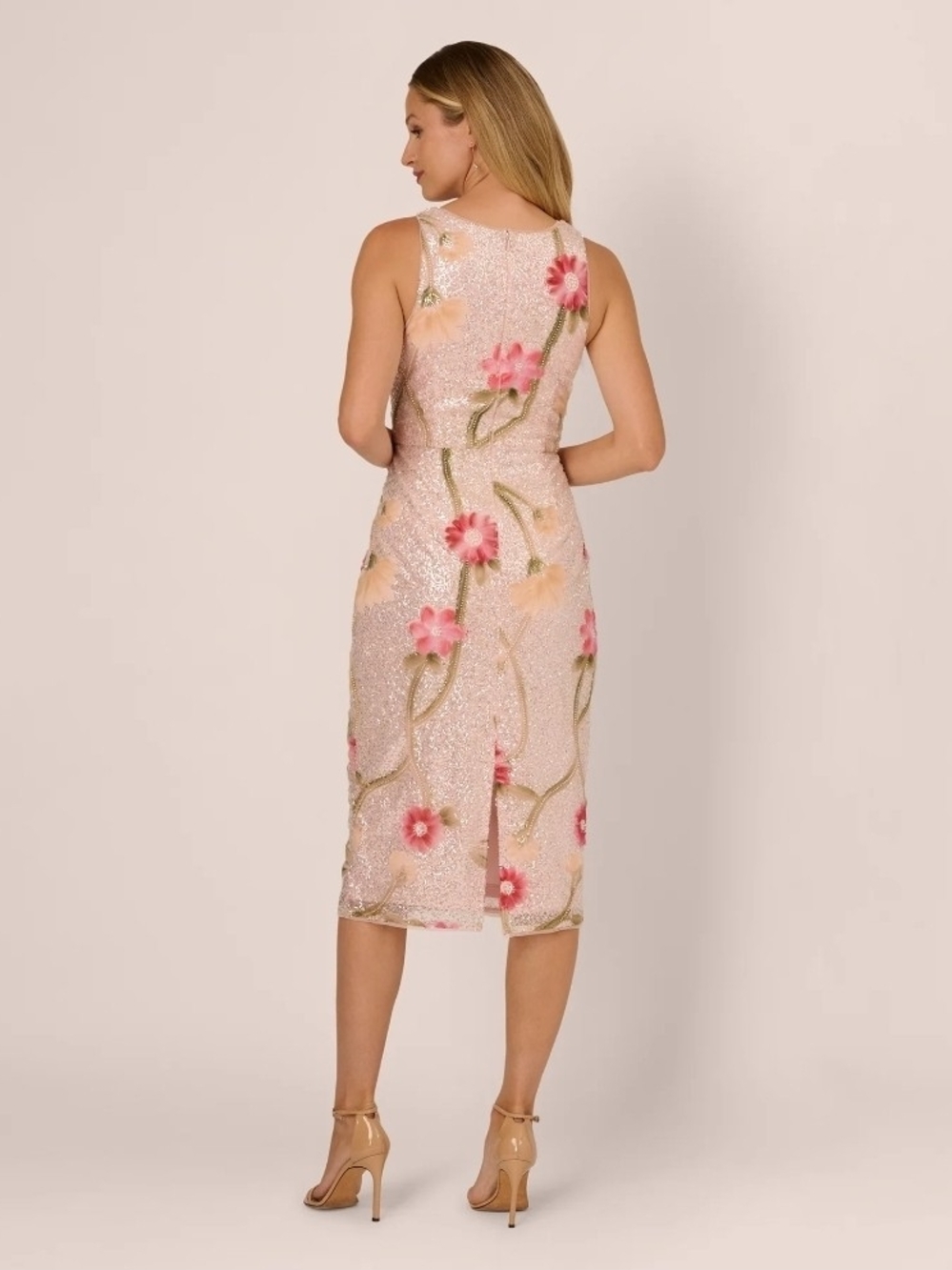 ADRIANNA PAPELL Sequin Floral Midi Sheath Dress Silver Blush Multi Cocktail - Picture 5 of 13